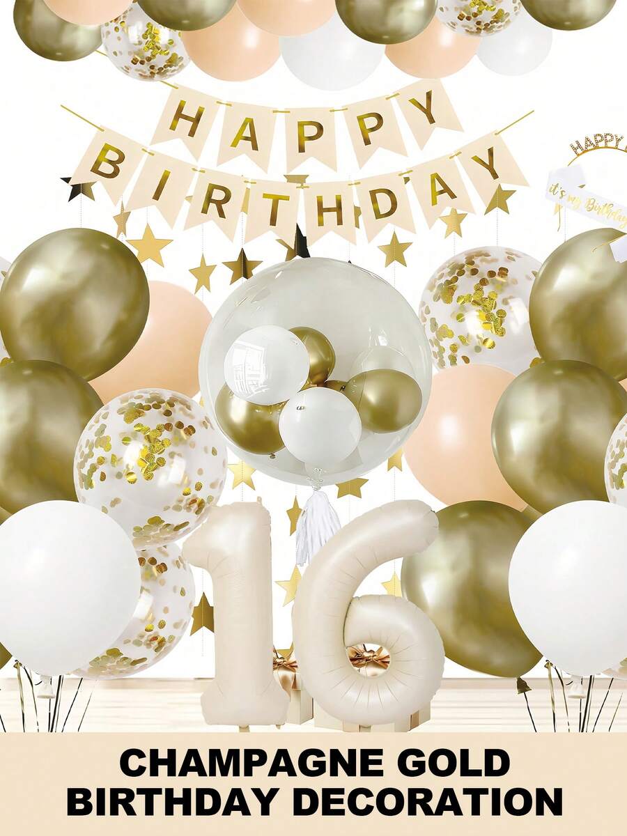 16th Birthday Champagne Gold Birthday Decorations For Women Girls, Beige White Balloons Happy Birthday Balloons Banner Star Garland Birthday Sash Fringe Curtains For Birthday Party Decoration Room Decor Wedding - 16歲生日 - 查看 1
