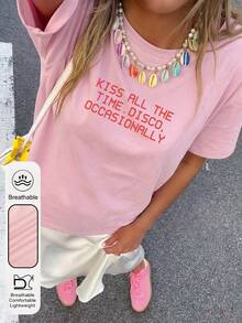 Damen Lässig Sommer Rosa Kurzarm Rundhals Top mit Kussmuster, Gelegentlich Party Stil, Harry Album Tour Konzert Merchandise T-Shirt, Y2K Ästhetik - Pink - Übersicht 3