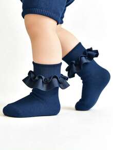 1 Pair Girls/Kids Ruched Floral Trim Ankle Socks, Princess Baby Socks - Navy Blue - View 6