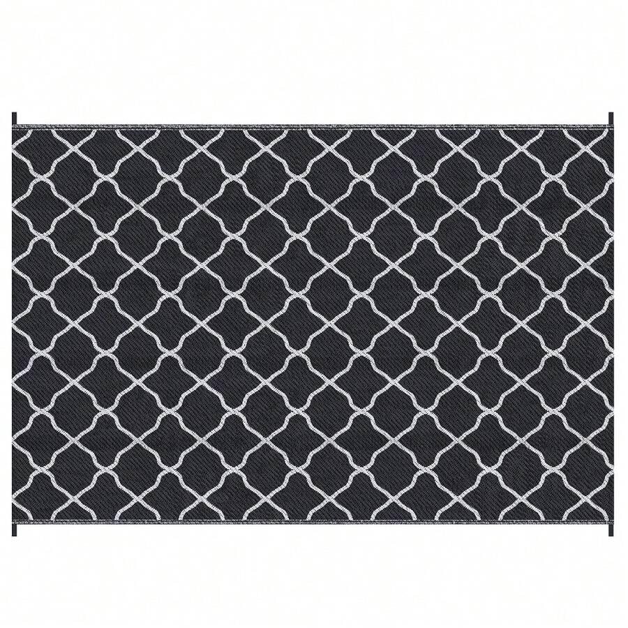 Reversible Outdoor Rug, Plastic Straw Mat W/ Carry Bag Ground Stakes For Garden RV Picnic Beach Camping 182x274cm Black - Default - View 1