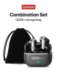 Lenovo LE208 極簡紋理藍牙耳機附收納袋，藍牙 6.0 快速連接，低延遲，HiFi 高音質，ENC 智能降噪，長效續航，適合運動、跑步、商務、學習的無線耳機，兼容智慧型手機與電腦 - 黑色+布袋 - 查看 2