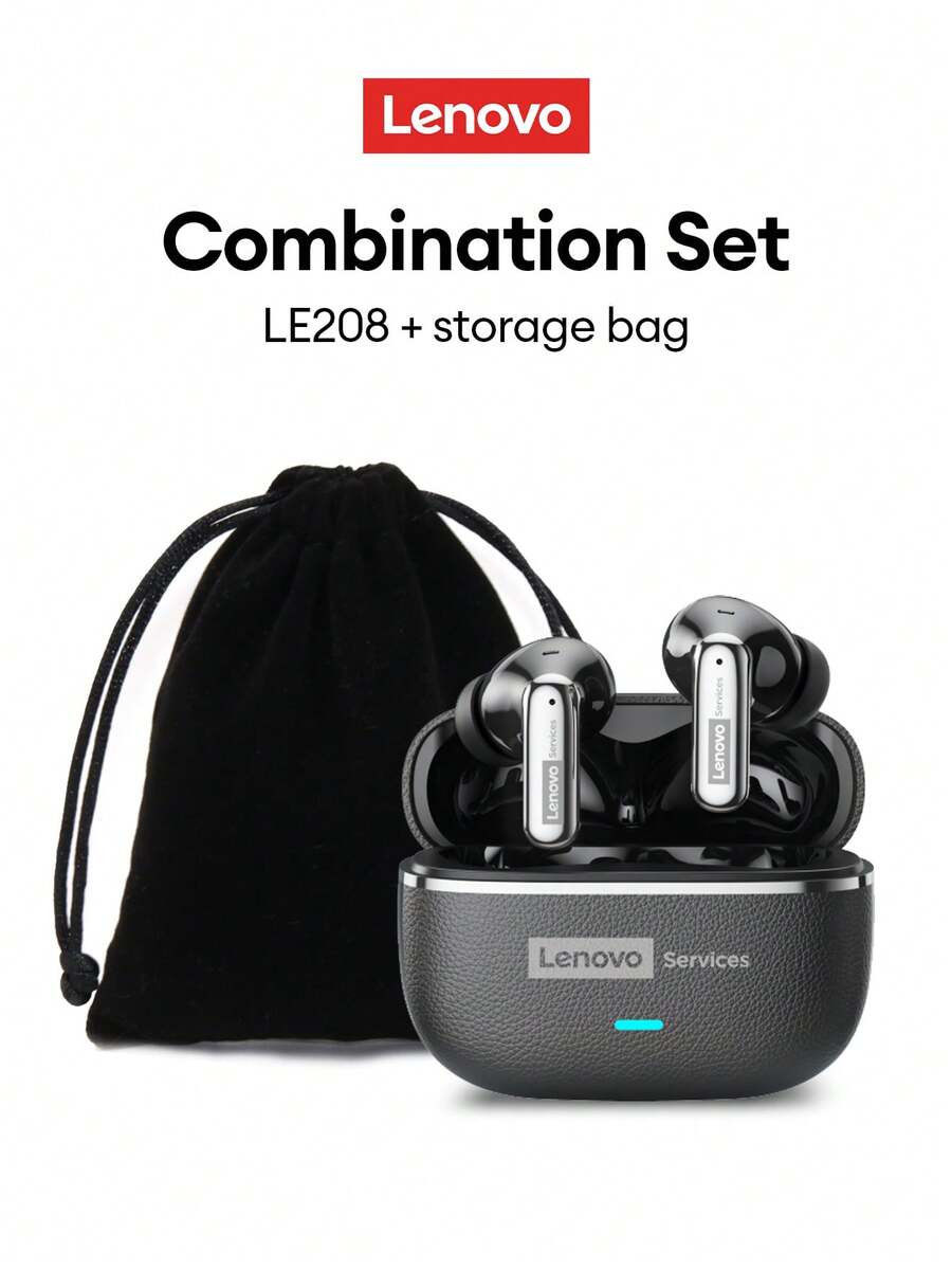 Lenovo LE208 極簡紋理藍牙耳機附收納袋，藍牙 6.0 快速連接，低延遲，HiFi 高音質，ENC 智能降噪，長效續航，適合運動、跑步、商務、學習的無線耳機，兼容智慧型手機與電腦