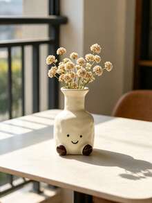 1pc Cream White Soothing Soft Cute Smiling Face Brown Feet Resin Vase, Cream White Glossy Hammered Texture Long Neck Vase, Suitable For Windowsill, Desktop, Bookshelf, Dining Table Centerpiece Decoration, Living Room Bedroom Home Decor, Can Hold Dried Flowers And Fresh Flowers - New Model - View 11