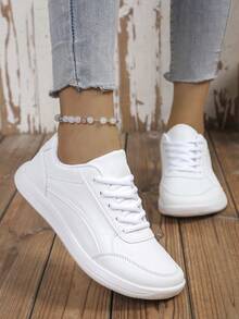 Women's Plus Size Wide Toe Box Athletic Shoes, Solid Color Lace-Up Front With Side Metallic Reflective Stripes, Breathable, Versatile, Fashionable, Casual, Comfortable Wide Toe Box Sneakers - White - View 2