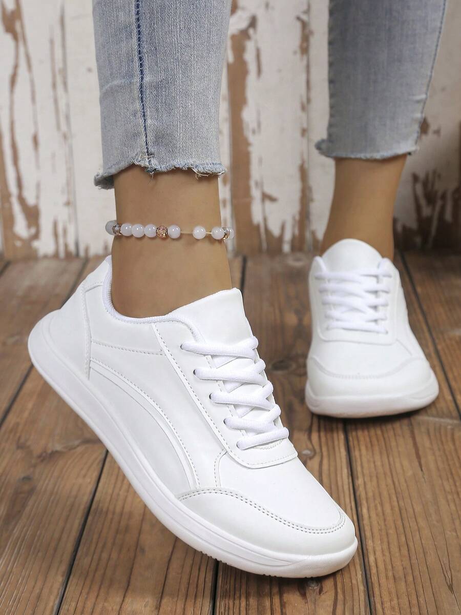 Women's Plus Size Wide Toe Box Athletic Shoes, Solid Color Lace-Up Front With Side Metallic Reflective Stripes, Breathable, Versatile, Fashionable, Casual, Comfortable Wide Toe Box Sneakers