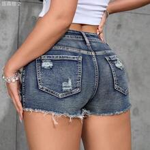 xuehuamaoyi02  PETITE Short de jean desgastado para mujer con bolsillos, informal y versátil - Lavado ligero - Ver 3