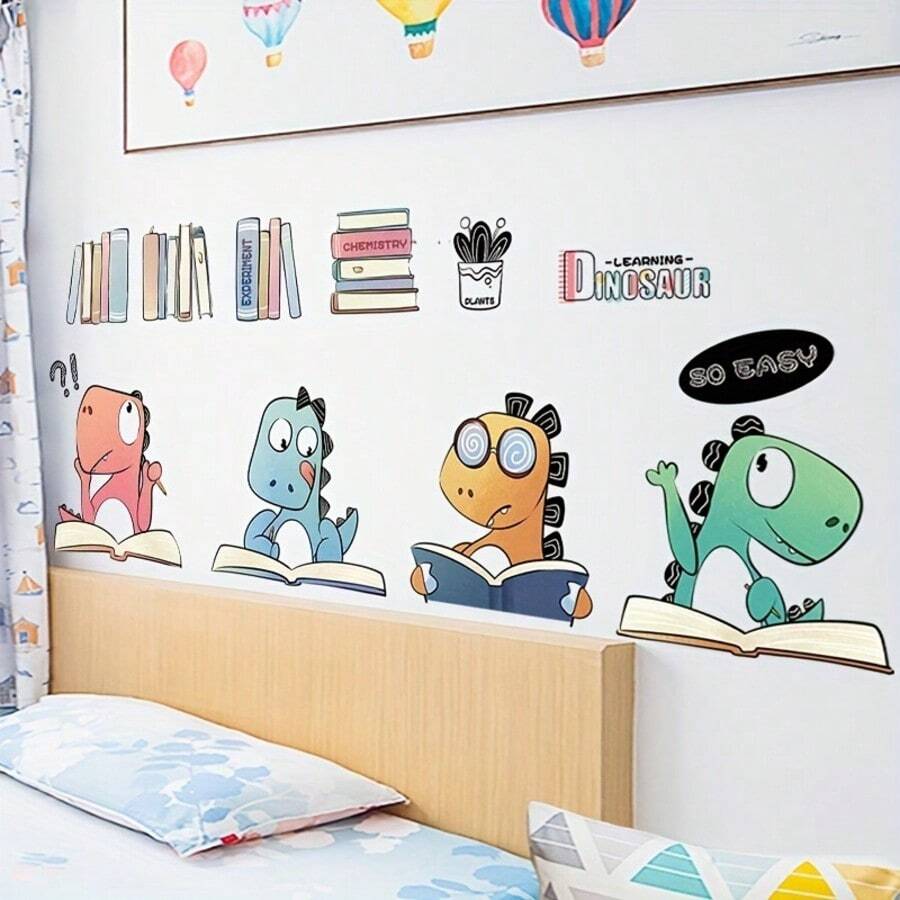 1pc PVC Cartoon Wall Sticker Self-Adhesive Decorative Bedroom Decor Study Room Sticker Cute Dinosaur Reading Pattern - one-size - View 1