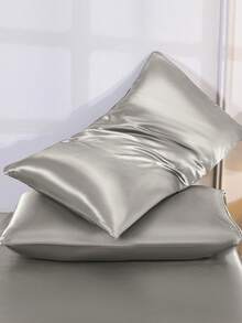 4pcs Light Gray Premium Solid Color Silky Satin Bedding Set, 1pc Fitted Sheet & 1pc Flat Sheet & 2pcs Pillowcases Mattress Protector Set (Pillow Inserts Not Included) - Light Grey - View 6