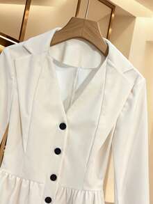 Women's Autumn/Winter Office Daily High-Quality Solid Color Collar Design Waist-Cinching Ruffle Hem Long Sleeve Blazer - White - View 5