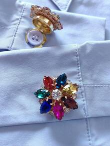 1 pieza/2pcs Juego de botones de flor con strass elegante y colorido, juego de botones para camisa, juego de botones con clip, juego de gemelos de cristal de moda, adecuado para decoración de esmoquin y vestido de novia - Multicolor - Ver 4