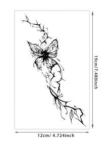 1pc Dark Ink-Style Butterfly Vine Lines Pattern Tattoo Sticker, Temporary Tattoo Sticker, Simulated Tattoo Design, Suitable For Travel, Music Festival, Games, Graduation Gifts, Lasts For 3-5 Days - Black - View 2