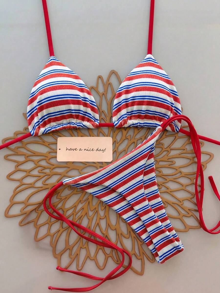 2pcs Baju Renang Bikini Seksi Model Halter Motif Leopard untuk Wanita, Cocok untuk Liburan Musim Semi & Musim Panas di Pantai - Burgundy - View 1