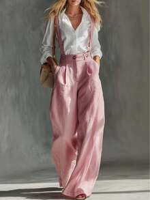o.Cintura alta, pierna ancha, corte relajado, pantalones cargo de unicolor y holgados, suaves y transpirables, adecuados para el trabajo y ocasiones de vestimenta casual elegante, color rosa - Rosa - Ver 1