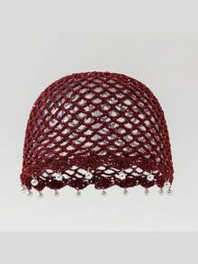 1pc Women's Cute Casual Style Fashion Hollow Breathable Handmade Woven Rhombus Pearl Decor Knitted Bucket Hat For Travel, Beach, Vacation, Photos, Daily Wear - Pearl - View 7