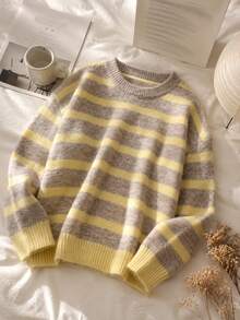 Suéter holgado a rayas, top de punto suave en color café claro & amarillo de contraste, manga larga versátil y favorecedora para otoño - Multicolor - Ver 3
