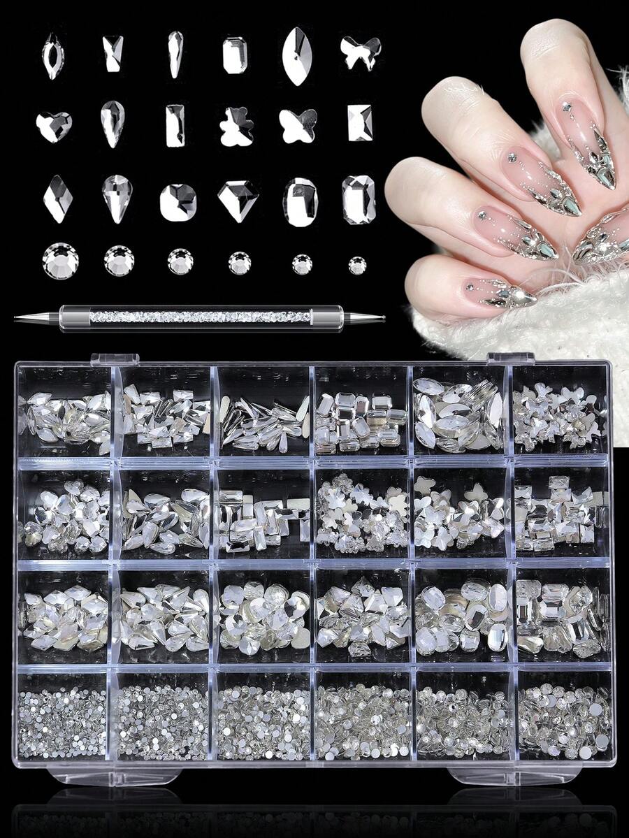 24-Grid Nail Rhinestones Kit - Mixed Shapes Clear Crystal Diamonds With Dotting Pen, 3D Bling Nail Art Accessories, DIY Manicure Supplies For Salon & Home Use
