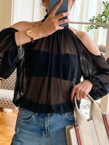Top holgado de manga larga semitransparente de malla, cómodo y ligero, con manga murciélago, para cóctel, estilo chica sexy de verano - Negro carbón - Ver 4