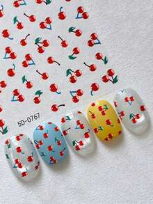 1 Sheet 5d Nail Art Sticker Cherry Pattern With Red Fruits And Green Leaves On White Background Beautiful & Fresh Design Suitable For Nail Stickers DIY - Multicolor - View 5