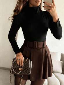 Mini Skirt With Built-In Shorts Lining, Zipper And Matching Belt, Elegant Autumn Skirt Suitable For Daily Wear, Office, Party And Holiday Occasions - Coffee Brown - View 5