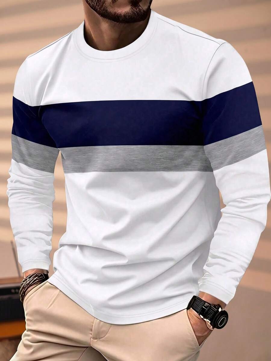Men's New Autumn Digital Print Long Sleeve T-Shirt - Blue and White - View 1