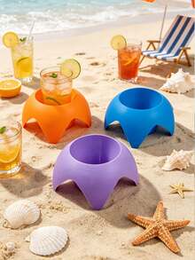 3pcs Beach Cup Holder Tray Set, Beach Vacation Essential, Can Hold Drinks And Phones, Suitable For Camping, Picnic, Beach Outings And Parties, Portable Accessories, Suitable For Women, Family Travel Essential, Summer Gift - A - View 4