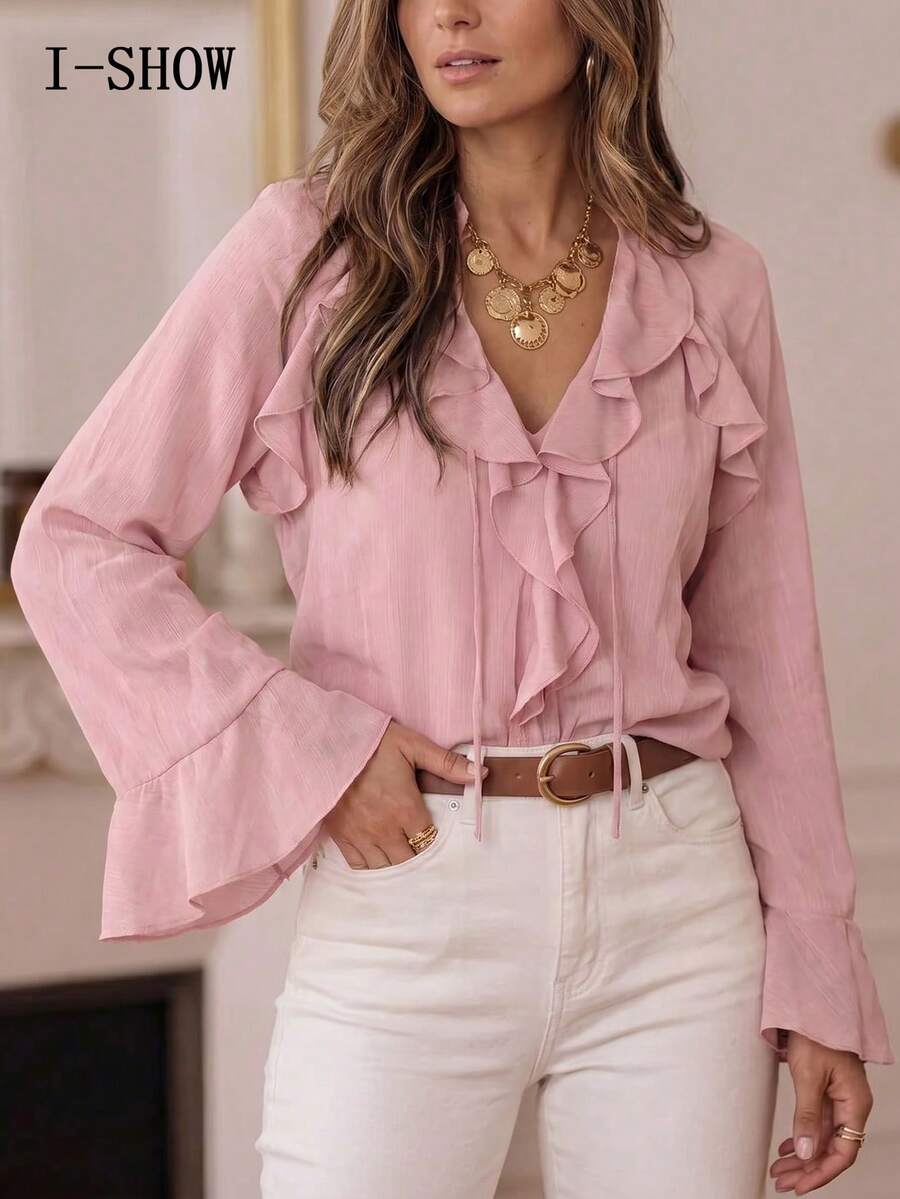 Women's V-Neck Ruffle Chiffon Blouse, Elegant Semi-Sheer Bell Sleeve Top, Romantic Bohemian Style Shirt, Suitable For Office, Vacation, Party, Casual And Daily Fashion Wear