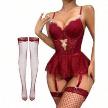 Lilosy Sexy Stocking Rhinestones Heart Garter Underwire Floral Mesh Lace Sheer Babydoll Lingerie Teddy Bodysuit Skirt Set - Burgundy Red - 查看 1
