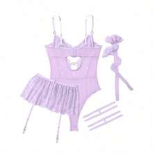 Lilosy Sexy Stocking Rhinestones Heart Garter Underwire Floral Mesh Lace Sheer Babydoll Lingerie Teddy Bodysuit Skirt Set - 薰衣草紫 - 查看 5