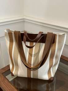 Bolso de lona casual para mujer con diseño a rayas, cierre con cremallera y forro de poliéster, opciones multicolor - Blanco - Ver 6
