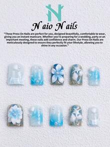 NAIO 10片/組手工穿戴式美甲貼片，3種尺寸：棺材型/杏仁型/短方型，Y2K辣妹風，白藍法式邊緣，海洋設計，3D花朵、海星、貝殼與珍珠裝飾，女款與女孩適用，派對與日常佩戴，含工具組，禮物與美甲用品 - 彩色 - 查看 20