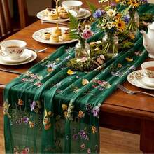 Embroidered Butterfly & Floral Table Runner Suitable For Weddings - Elegant Sheer Table Decor With Embroidery, Fabric, Length For Chair Back, Veil Or Party Decoration, Multi-Use Decorative Table Runner For Special Events - Dark Green - View 1