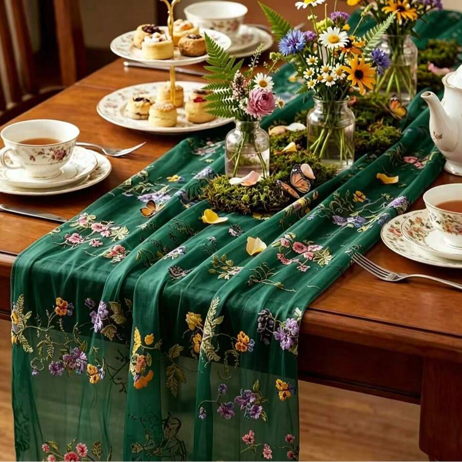Embroidered Butterfly & Floral Table Runner Suitable For Weddings - Elegant Sheer Table Decor With Embroidery, Fabric, Length For Chair Back, Veil Or Party Decoration, Multi-Use Decorative Table Runner For Special Events - Dark Green - View 1