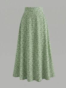 EARO Women's Spring/Summer Ditsy Floral High Waist A-Line Flowy Chiffon Skirt, Casual Outdoor Outfit Vacation - Light Green - View 1