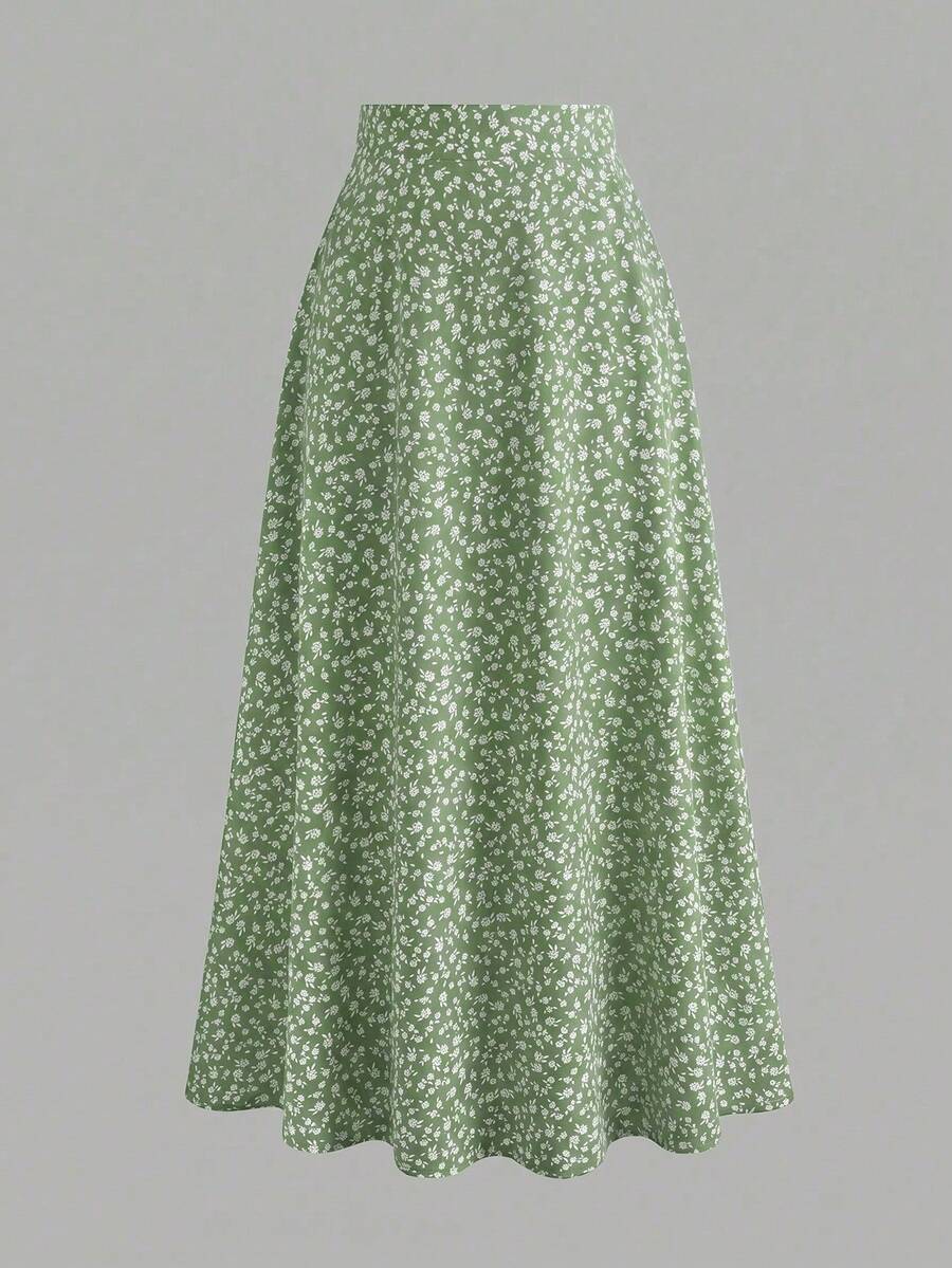 EARO Women's Spring/Summer Ditsy Floral High Waist A-Line Flowy Chiffon Skirt, Casual Outdoor Outfit Vacation - Light Green - View 1