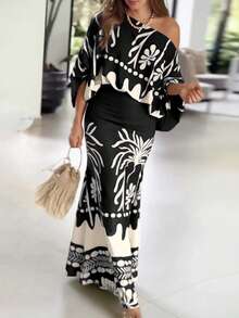 Women's 2pcs Tropical Print Lantern Sleeve Cold Shoulder Top + Elastic High Waist Mermaid Maxi Skirt Set, Vacation Resort Style Black Elegant - Black - View 8