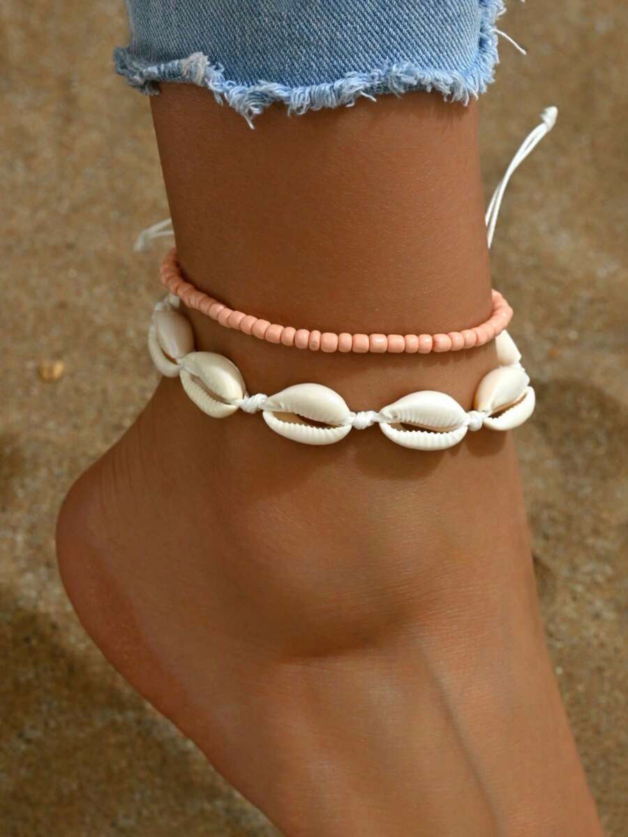 2 Summer Beach Vacation Cross Border Foot Chains Fashion Rice Beads Handmade Woven Shells Adjustable Stacked Foot Accessories - One Size Fits All 1 - View 1