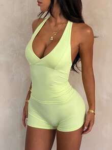 WOWDARK Women's Summer V-Neck Halter Top And Shorts 2 Pieces Set, Suitable For Carnival, Dates, Gatherings, Parties, Travel, Vacation, Beach And Other Occasions Elegant - Green - View 9