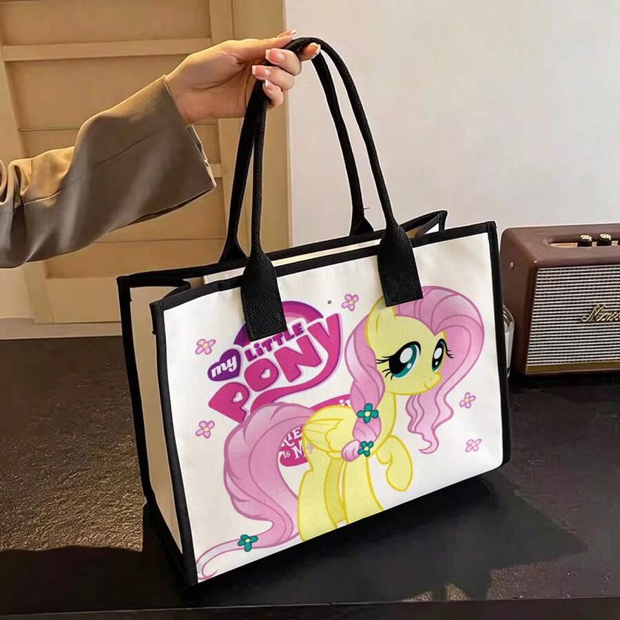 Miniso Bolsa de lona con personaje Fluttershy base beige para uso diario & compras - Negro - Ver 1