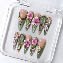 UltraBaddie 10 PCS Handmade Stiletto Press-On Nails | Sage Green & Nude Acrylic Nails, 3D Pink Cherry Blossom & Metallic Gold Edgy Art (Tool Kit Included) - Multicolor - View 2
