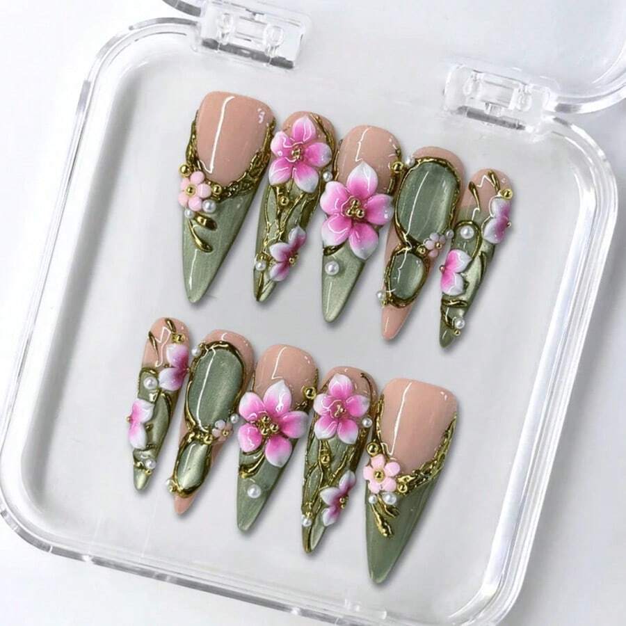 UltraBaddie 10 PCS Handmade Stiletto Press-On Nails | Sage Green & Nude Acrylic Nails, 3D Pink Cherry Blossom & Metallic Gold Edgy Art (Tool Kit Included)