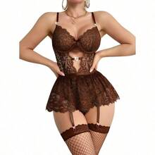 Lilosy Sexy Stocking Rhinestones Heart Garter Underwire Floral Mesh Lace Sheer Babydoll Lingerie Teddy Bodysuit Skirt Set - 棕豹 - 查看 3