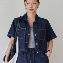 yonghongmaoyi1  Chaqueta vaquera de mujer de manga corta con bolsillo parche, estilo informal, lavada, con botones, para el verano - Azul - Ver 8