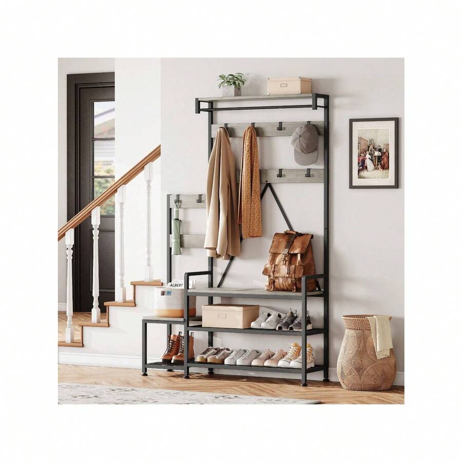 CuteHairy 70.86'' Tall Hall Tree Coat Rack Storage With Shoe Bench For Hallway Entryway Living Room - 灰色 - 查看 1