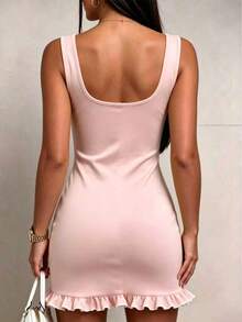 Summer Casual Lemon Yellow Ribbed Knit Fitted Mini Dress, Ruffle Hem, Elegant Women's Sleeveless Square Neck A-Line Dress, Suitable For Party,Vacation - Baby Pink - View 2