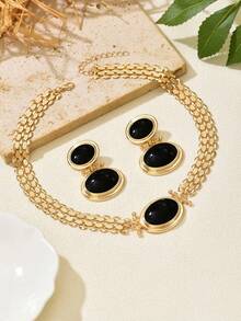 2pcs/Set French Vintage Black & Gold Metal Chain Necklace & Earrings Set, Women's Banquet Party Gathering Ball Versatile Daily Social Gift Jewelry Set - Set - View 7