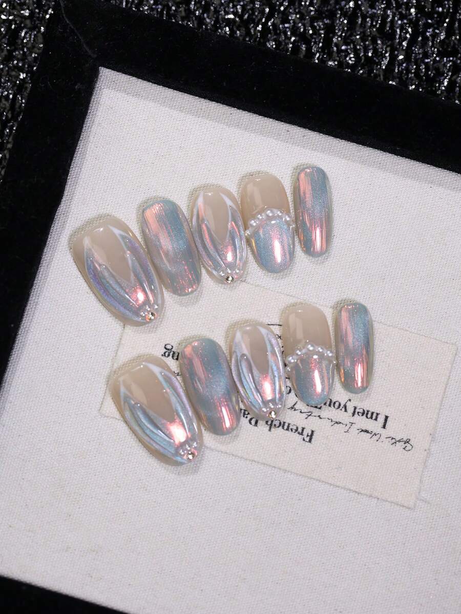 10pcs Oval Short Handmade Press On Nails Nude Pink & Blue Fake Nail Tips With Holographic Aurora & Pearl Decoration Reusable Luxury False Nails For Women