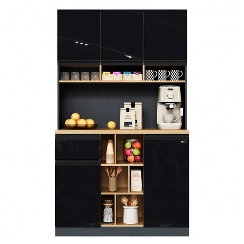 Moderner weißer Küchenschrank (105 * 45 * 185 cm), der als Sideboard oder Vitrine genutzt werden kann. Er verfügt über hochglanzlackierte Türen, Metallgriffe, verstellbare Einlegeböden, Schubladen, offene Ablageflächen und eine Kippsicherung. Geeignet für Küche, Esszimmer und Wohnzimmer. - Schwarz - Übersicht 1