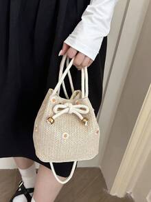 Solid Color Mini Straw Woven Foldable Drawstring Shoulder Bag (Flower Position And Color Randomly Vary) - Khaki - View 3