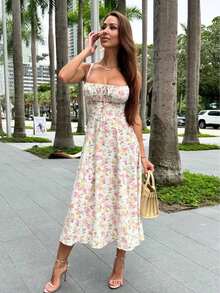 Women Floral Print Square Neck Midi Dress Adjustable Lace-Up Bust Strappy Shoulders Side Zipper Casual Dress - 杏色花香 - 查看 1