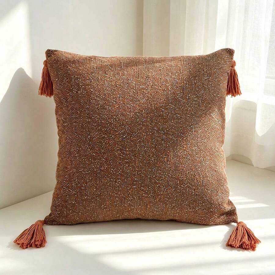 1pc Solid Color Woven Jacquard Throw Pillow Cover Without Pillow Insert, Vintage Four-Corner Tassel Cushion Cover Suitable For Living Room Sofa Leisure Area Decoration - Sand Pottery Orange - View 1